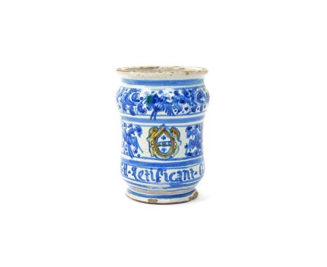 A small Deruta maiolica albarello  c.1670, of diminutive waisted form, painted with a small armorial shieldin blue, ochre and