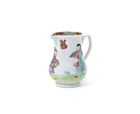 A Worcester milk jug  c.1758, finely potted and decorated in polychrome enamels with the Chinese Musicians pattern, the inter
