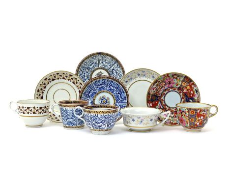 Five Worcester cups and saucers from the Flight Barr partnership  c.1792-1813, two decorated with the Royal Lily pattern, one
