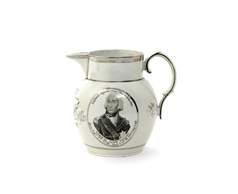 A good and rare commemorative pearlware lustre jug  c.1805, printed in black with a portrait of Admiral Lord Nelson, titled w