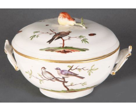 Runde Terrine. Ludwigsburg 1770. Balusterförmig, mit reliefierten Rocaillehenkeln. Beidseitig bunt bemalt mit Vögeln auf Äste