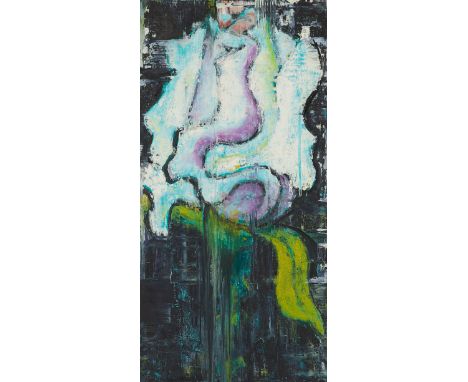 Aaron Fink (American, b. 1955). Oil on linen titled "Blue Rose" depicting an abstracted blue rose with purple highlight again