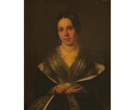 Unsigned oil on canvas laid board painting depicting a portrait of a woman gazing at the viewers against a dark background. H