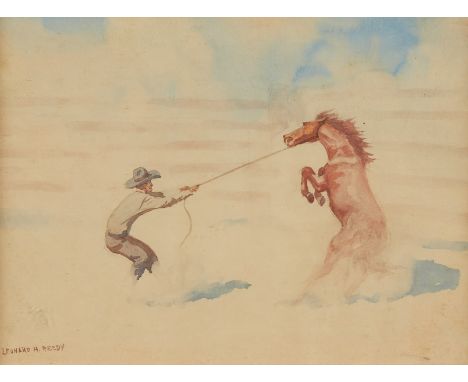 Leonard Howard Reedy (American, 1899-1956). Watercolor on paper painting titled "Wild Horse Hunter" depicting an intense scen
