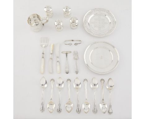 Group of sterling silver and silverplate serving ware.Sterling includes: eight floral pattern engraved plates, marked sterlin