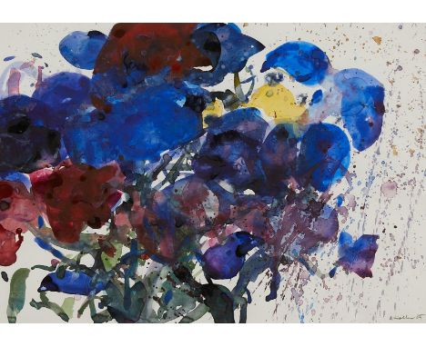 Oskar Koller (German, 1925-2004). Watercolor on paper painting depicting semi-abstract flowers in vivid colors, 1985. Pencil 