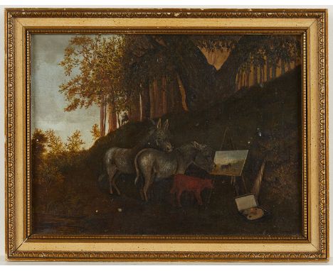 American folk art oil on canvas painting depicting a donkey examining a portrait of itself while an artist paints in the back