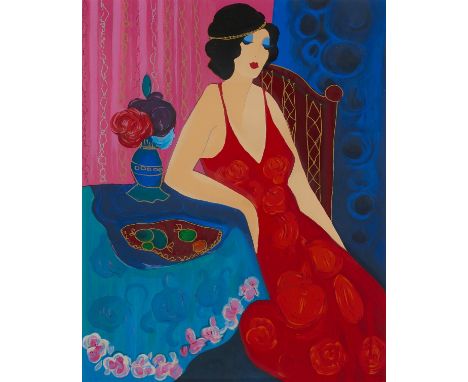 Itzchak Tarkay (Israeli, 1935-2012). Serigraph on paper titled "Roaring 20's Review" depicting a woman in a red dress at a ta