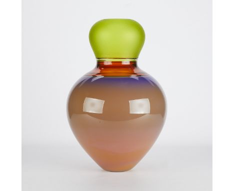 Sonja Blomdahl (American, b. 1952). Handblown glass sculpture in orange, lemon-yellow, and blue. Signed and etched 1407 along