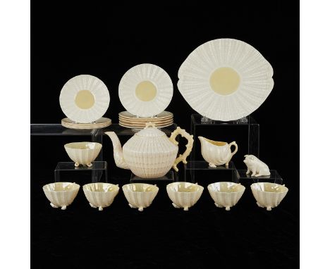 Belleek, County Fermanagh, Northern Ireland. Porcelain shell tea service set including: one platter, six medium saucers, six 