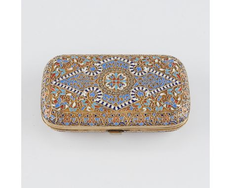 Russian silver enamel cigarette case decorated throughout with ornate scrollwork and floral motifs. Impressed along the inter