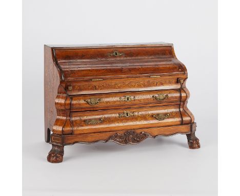 18th c. Dutch tabletop secretary or letter desk with a serpentine bombe form. With floral marquetry inlay, ball and claw feet