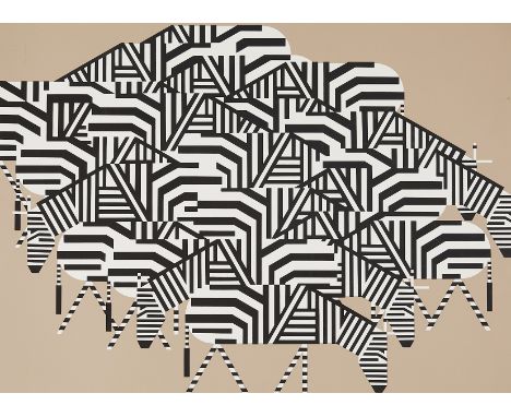 Charley Harper (American, 1922-2007). Serigraph on paper titled "Serengeti Spaghetti" depicting an Op-art illusion of a herd 