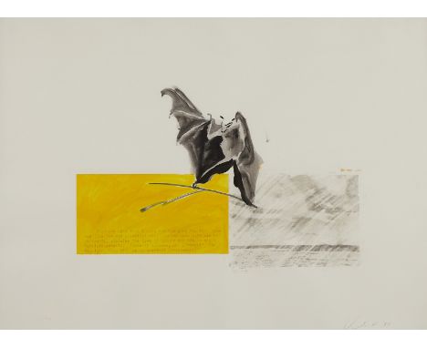 Vernon Fisher (American, b. 1943). Mixed media on paper artwork titled "Going to Far" depicting a bat with a quote behind a s
