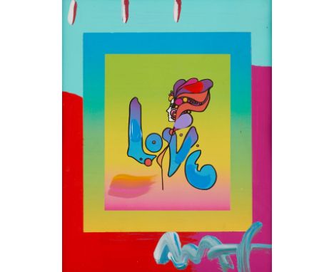 Peter Max (German-American, b. 1937). Mixed media lithograph with acrylic paint titled "Love on Blends" depicting the word "L