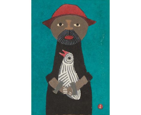 Umetaro Azechi (Japanese, 1902-1999). Woodblock print titled "Akai Boshi (Red Hat)" depicting a man in a red hat holding a bi