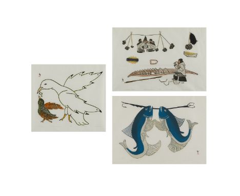 Group of three Cape Dorset Inuit woodcut and stencil prints including:Eegyaridluck (Inuit, 20th/21st c). Stonecut and stencil