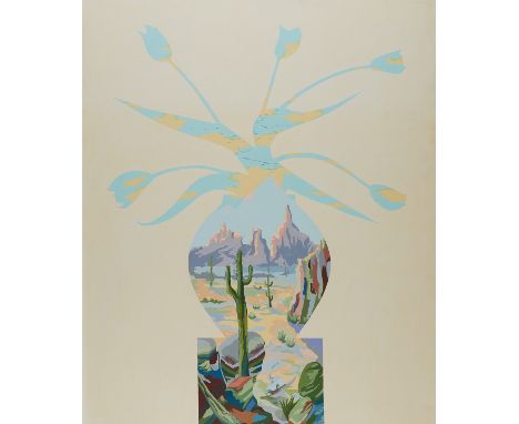 Ed Baynard (American, 1940-2016). Oil on canvas painting titled "5 Tulips" depicting an imaginary desert seen through five tu