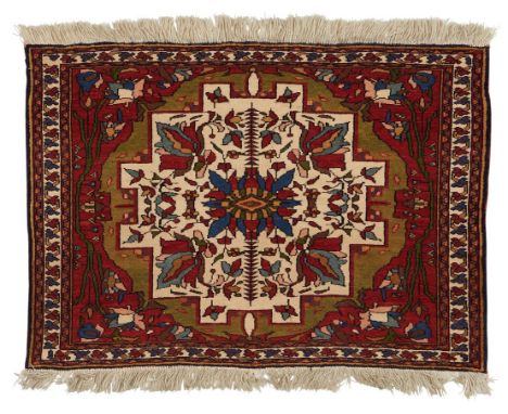 Small Caucasian wool rug. The stepped polygon medallion is decorated and surrounded by floral motifs. With a fringe along two