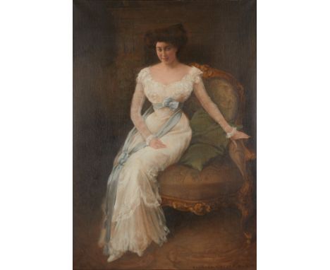 Seymour Millais Stone (Polish/American, 1877-1957). Oil on canvas painting titled "Dame der Gesellschaft (Society Lady)" depi
