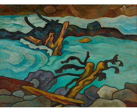 Rudolf Haybach (Austrian, 1886-1983). Oil on board landscape painting depicting swift water currents against a rocky shore, 1
