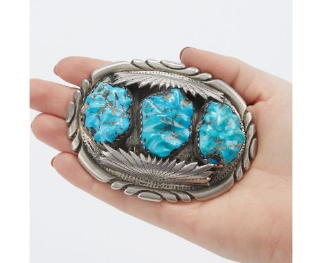 Robert &amp; Bernice Leekya (Zuni Pueblo, 20th/21st c). Southwest sterling silver belt buckle inset with three large turquois