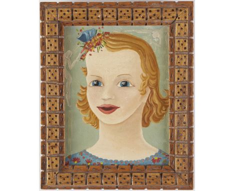 Unsigned 20th century American primitive, outsider folk art portrait in oil on canvas-laid board depicting a young girl with 