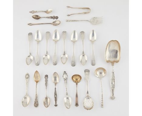 Group of 12 sterling silver flatware including five souvenir spoons, two slotted spoons, two teaspoons, a small ladle, a smal