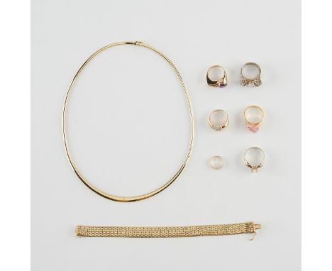 Group of jewelry including six rings, one necklace, and one bracelet including: one necklace marked 14k, one bracelet marked 