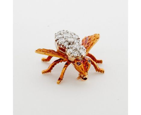 Herbert Rosenthal (American, 20th c.) 18k yellow gold diamond bee pin or brooch. With a folding and locking pin closure, etch