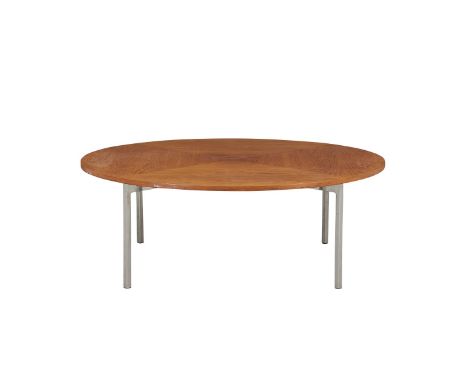Dunbar, United States. Mid-century modern round teak coffee table with chrome fittings. With a Dunbar metal plate along the u