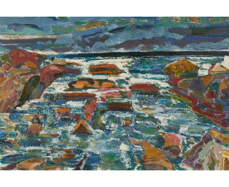 Bernard Chaet (American, 1924-2012). Oil on canvas painting titled "Churning" depicting a tumultuous and rocky shore, 2001-20