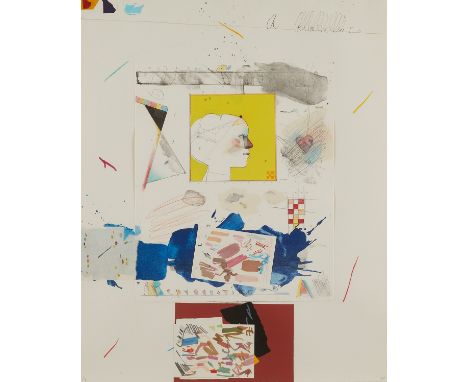 Raymond Jennings Saunders (American, b. 1934). Lithograph, silkscreen, monoprint, collage on paper titled "Profile in Time," 