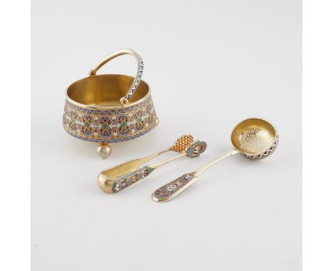 Set of three Russian enamel silver including a bucket resting on three ball feet, a pierced spoon, and a sugar cube tongs. Th