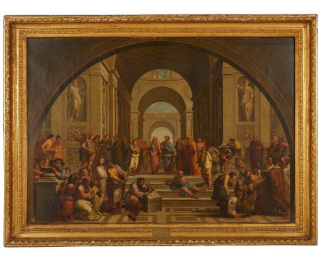 Large oil on canvas painting after Raphael (Italian, 1483-1520). Reproduction painting depicting perhaps his most famous artw