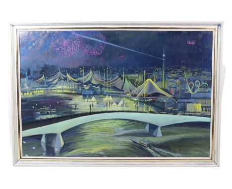 Henry Nicholas Almond (1913-2000) "Expo 88, Brisbane", a glistening night-time study of the Expo in Sydney harbour with firew