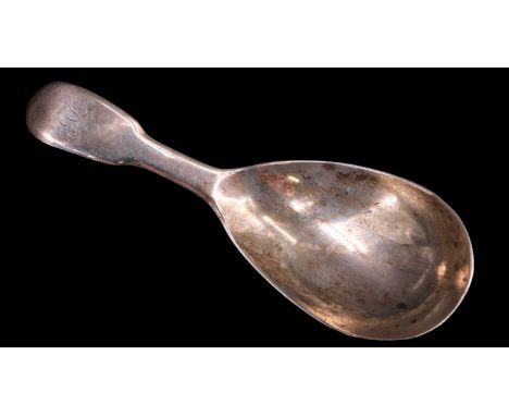 A George III silver fiddle pattern caddy spoon bearing engraved initials to the terminal, Robert Cattle &amp; James Barber, Y