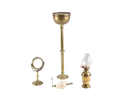 A late 19th / early 20th Century ship's gimballed brass oil lamp, a French ceramic pendant light counterweight and a brass ne