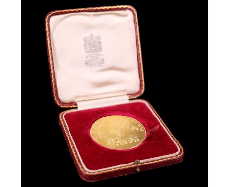 A cased Institution of Locomotive Engineers Gold Medal awarded to R A Riddles, 1953, marked '18ct' to edge, 76 g, 51 mm