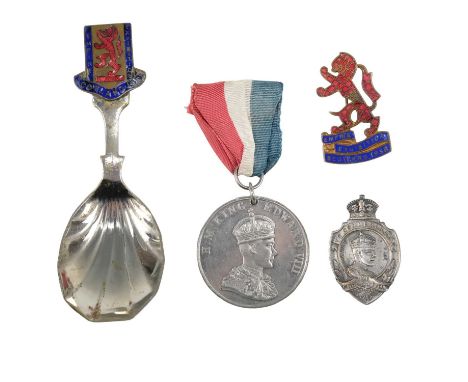 A Scottish 1938 Empire Exhibition commemorative enamelled badge and caddy spoon, together with an Edward VIII coronation badg