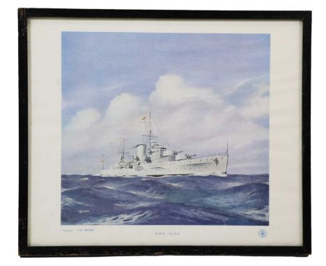 A Second World War period lithograph of the Royal Navy light cruiser HMS Ajax, published by "The Trident", framed under glass