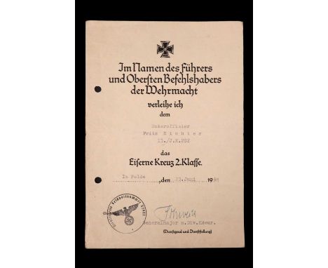 A German Third Reich Iron Cross second class award citation, 282nd Infantry Regiment, to Unteroffizier Fritz Richter 13./J. R