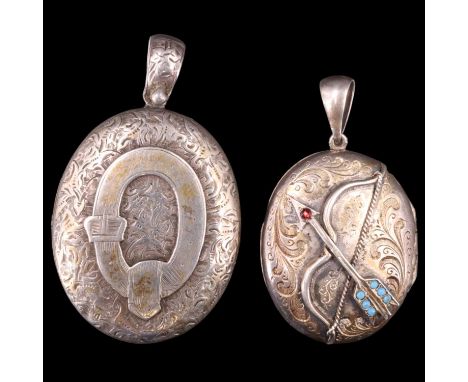 Two Victorian white metal lockets, respectively having an applied bow and arrow set with turquoise and faux ruby on an engrav