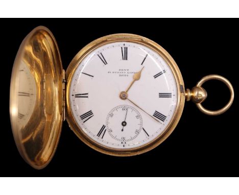 A Victorian 18 ct gold hunter pocket watch by Dent, having a key wound and set movement inscribed "Dent, 61 Strand London, 28