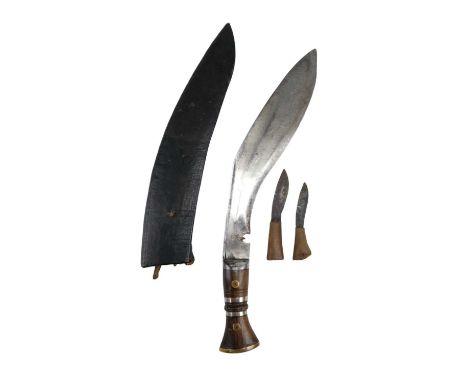 A military type kukri, in scabbard with by knives, circa Second World War, 41 cm