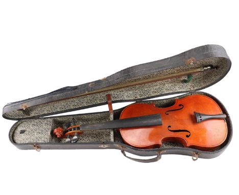 A Czecko-Slovakian cased violin and bow bearing a label reading "copy of Antonius Stradivarius", having a two-piece back and 