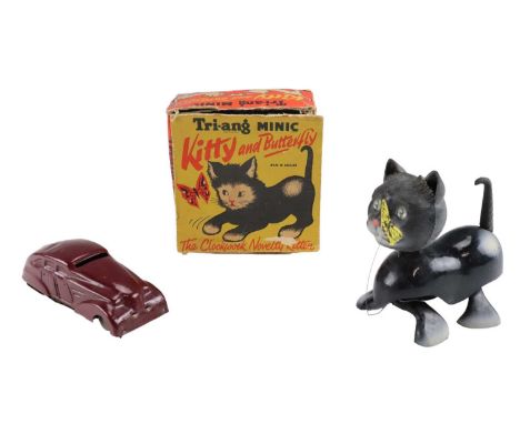 A 1950s-1960s boxed Triang Minic Kitty and Butterfly clockwork kitten toy together with a tinplate toy car