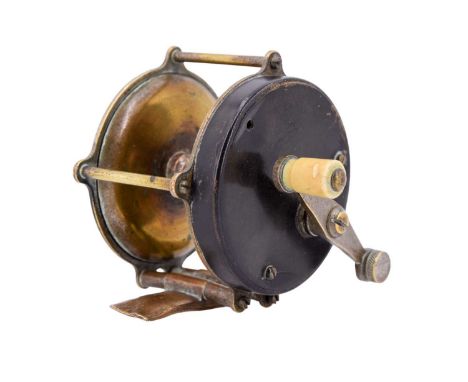 An early 20th Century nickel-plated brass 2 1/2" multiplier fishing reel, the foot marked 130