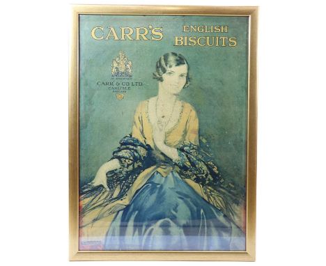 A 1920s advertisement board for Carr's of Carlisle English Biscuits depicting a stylish young woman sat wearing a shaul, peri