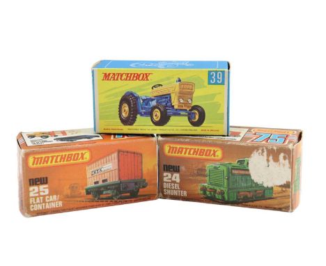 Three diecast Matchbox Series comprising a 24 Diesel Shunter, 25 Flat Car / Container and a 39 Ford Tractor